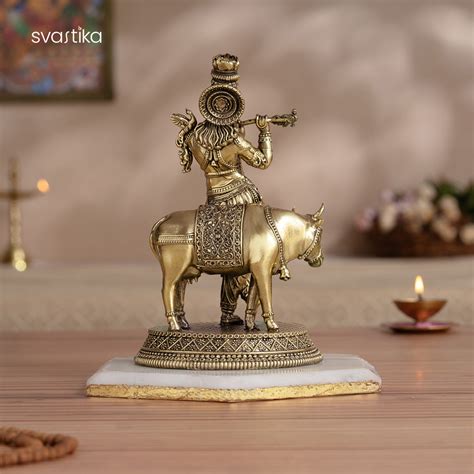 Brass Standing krishna statue with cow (7 Inch)