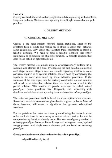 UNIT IV - This is DAA notes unit 4 of R18 syllabus. - Unit - IV Greedy ...