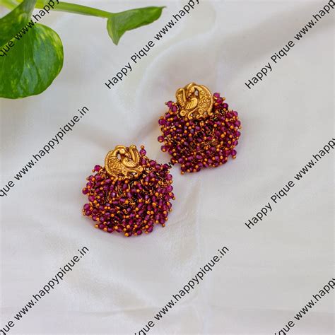 Premium Crystal Beads Bunch Peacock Earrings - Maroon