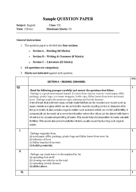Sample Question Paper: English Class VII - 80 Marks - Studocu