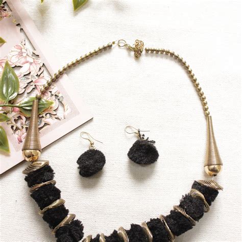 Black Pom Pom Embellished Dull Gold Finish Adjustable Length Choker Ne ...