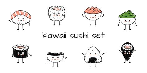 Set von kawaii Sushi-Maskottchen im Cartoon-Stil Verschiedene Arten von ...
