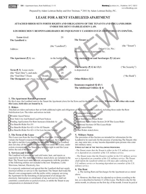 Rent Stabilized Apartment Lease - Blank Fillable Template | Fill Out ...