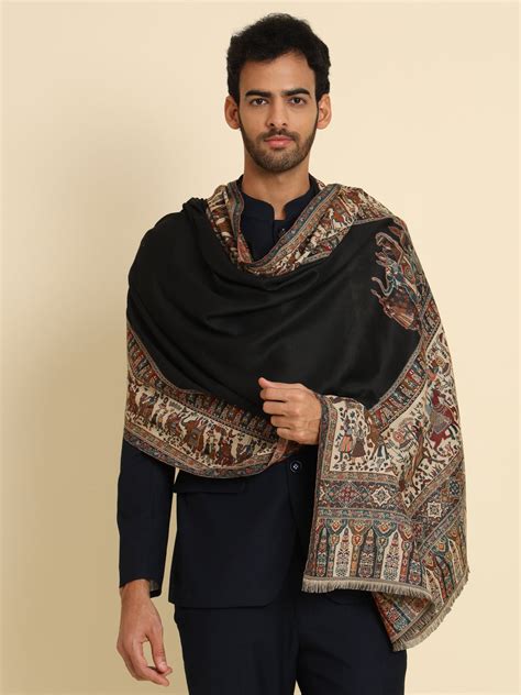 Kani Weave Woven Shawl for Men in Royal Mughal Patterns | Black – Zamour