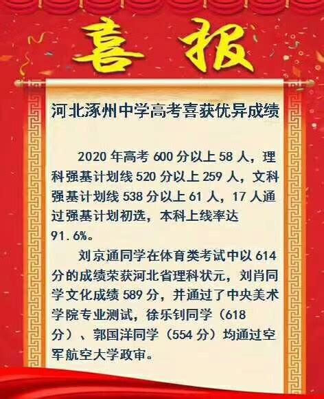 2020涿州中学高考喜报成绩、本科一本上线人数情况,91中考网