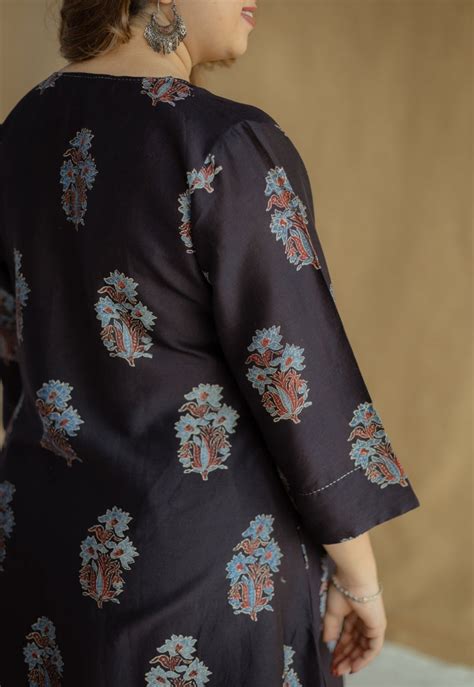 Indian Ethnic Women's Daksha Black Ajrakh Chanderi Silk A Line Kurta ...