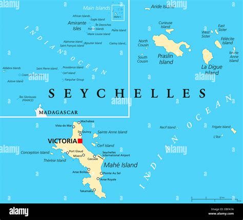 Seychelles Political Map with capital Victoria, important cities and islands and an overview map ...