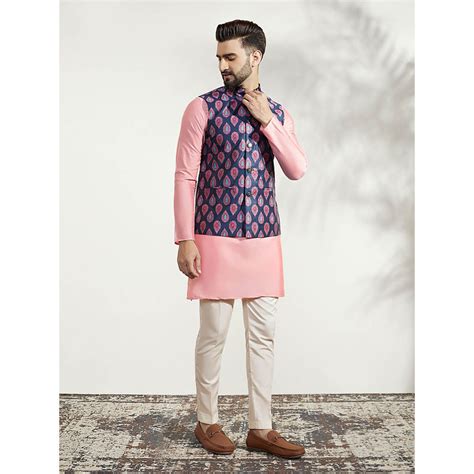 Buy KISAH Men Blue Kurta Jacket Trouser Set (Set of 3) Online