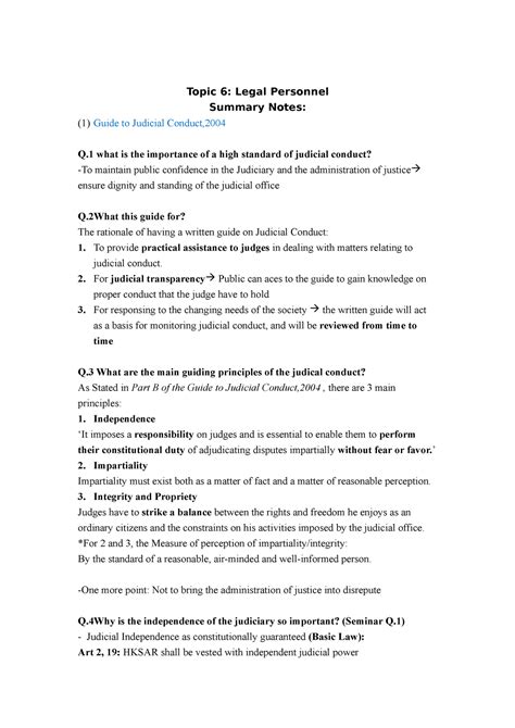 Topic 6 Legal personnel - Topic 6: Legal Personnel Summary Notes: (1) Guide to Judicial Conduct ...