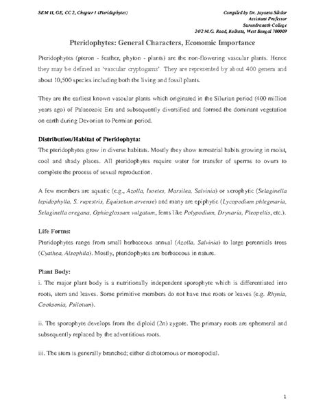 SEM II, GE, CC 2, Chapter 1: Pteridophytes Overview and Importance ...