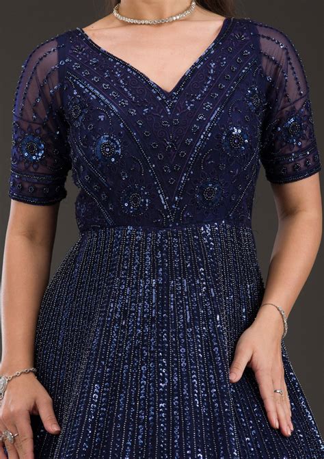 Buy Navy Blue Sequins Net Gown - Koskii