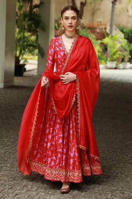 Buy Red Chanderi Silk And Embroidery Floral V Surkh Laal Angarkha Set ...