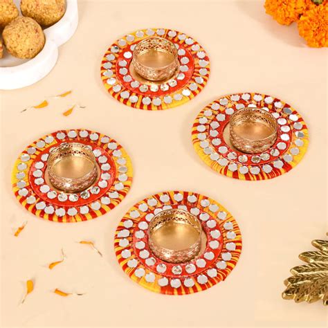 Tealight Candle Holders With Thread And Mirrorwork Set Of 4 Online ...