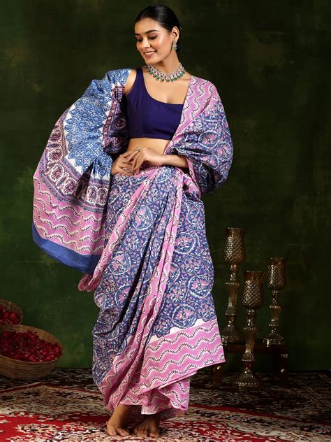Buy Blue Printed Cotton Saree With Unstitched Blouse Piece Online at Rs ...