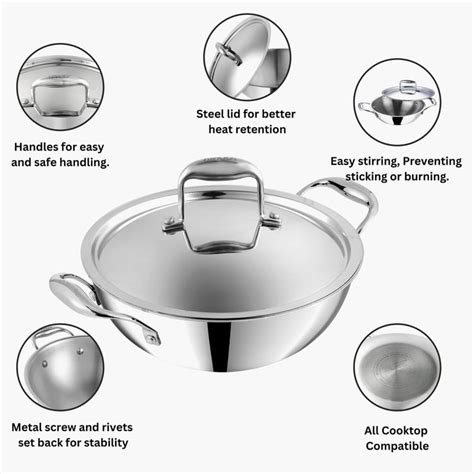 Buy VINOD Platinum Triply Stainless Steel Kadai with Lid - 3.7L from ...