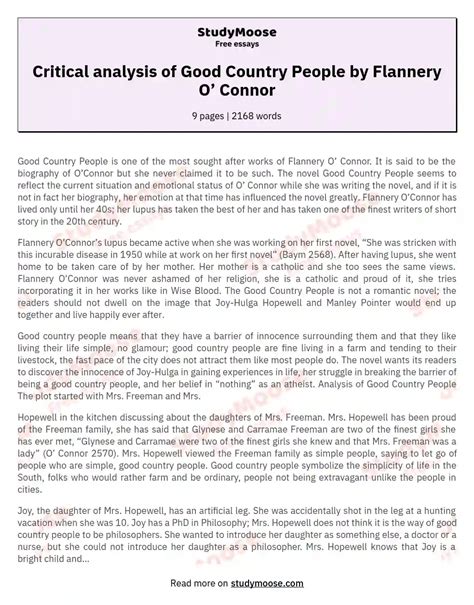 Critical analysis of Good Country People by Flannery O’ Connor Free ...