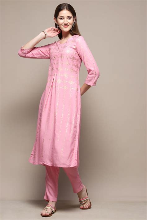 Light Pink Rayon Straight Kurta Pant 2 Piece Set at Biba India