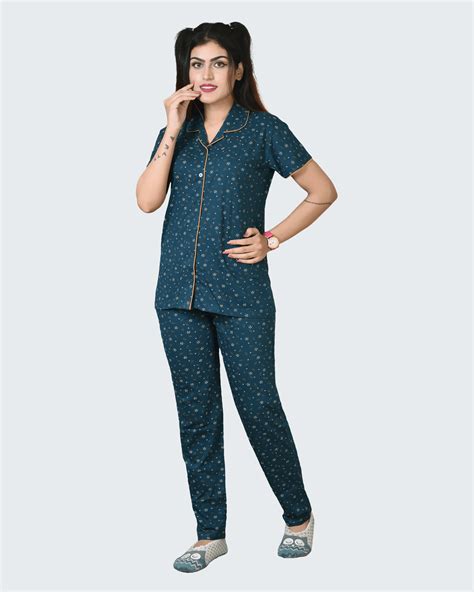 Blue Front Open Cotton PJ Set - Buy Women's Pyjama Set Online – Garmium