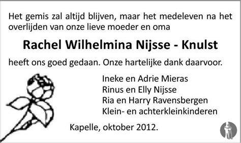 Rachel Wilhelmina Nijsse - Knulst 07-09-2012 overlijdensbericht en ...