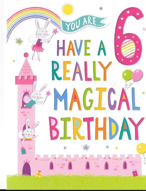 GIRLS 6th BIRTHDAY CARD - AGE 6 - PINK FAIRY CASTLE, RABBITS WEARING ...