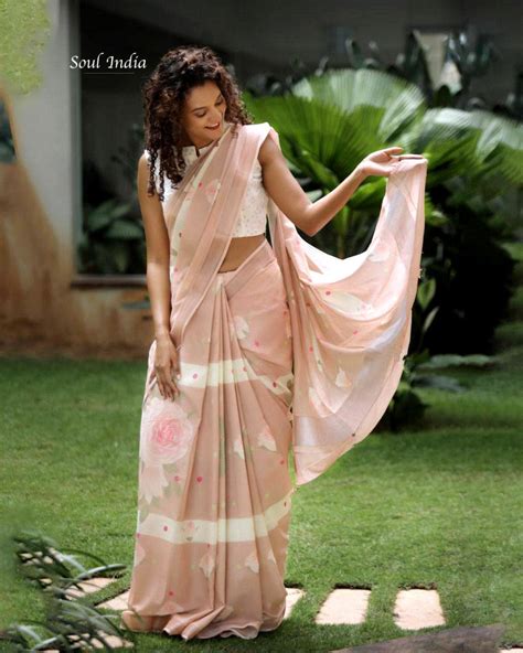 Linen Blend Digital Floral Print Designer Saree - Light Peach – Soul India