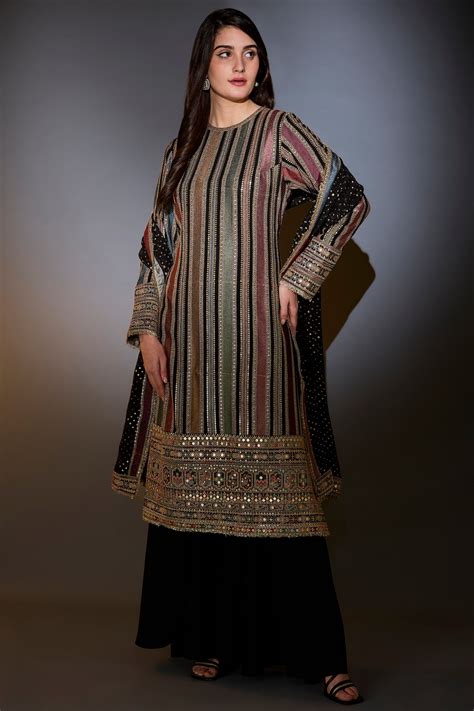 Multi-color striped suit with intricately done thread and zari work ...