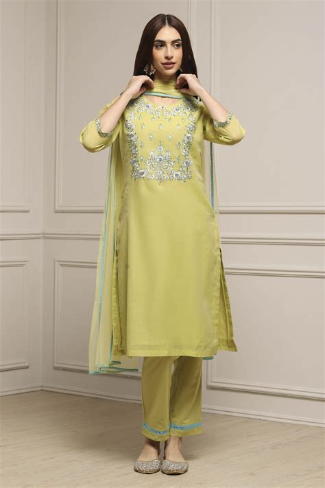 Sage Green Art Silk A-Line Kurta Regular Pant Suit Set at Biba India