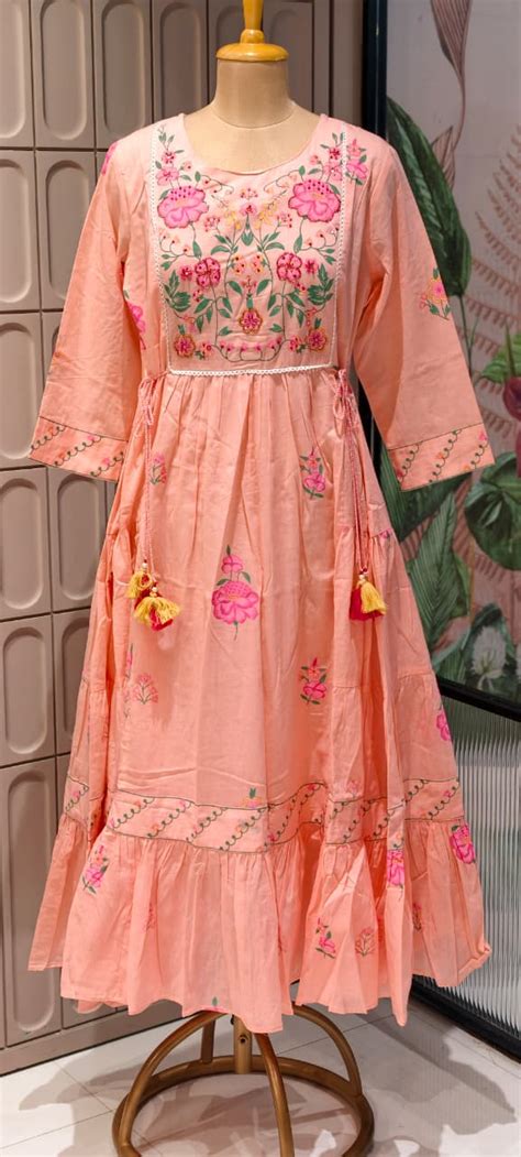Intricate Multicolor Floral Embroidery Yoke Flared Pleated Mul Cotton ...
