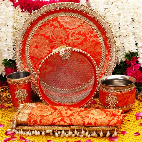 Vibrant Red and Gold Karwa Chauth Thali Set | Luxury Edition | Pack of ...
