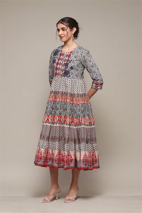 Grey Cotton Flared Printed Dress