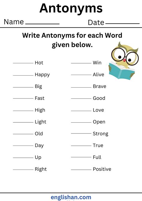 Antonyms Worksheets and Exercises with Answers in English • Englishan