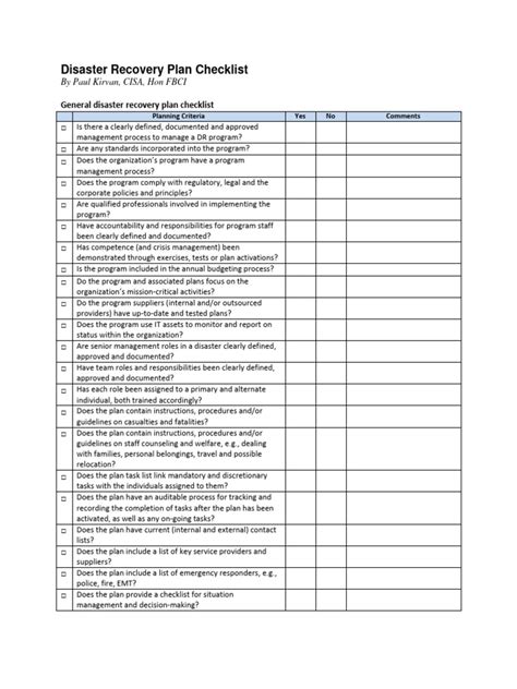 Image result for Disaster Recovery Plan Checklist Template