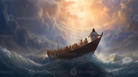 Jesus Christ on the boat calms the storm at sea. 27288479 Stock Photo at Vecteezy