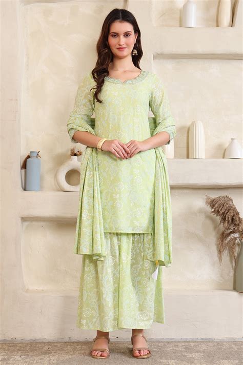 Buy Green Foil Printed Zari Embroidered Straight Pure Cotton Kurta and ...