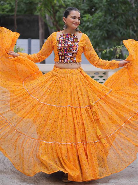 ⚡️Buy Regal Mustard Yellow Georgette Gamthi Work Crop Top Lehenga ...