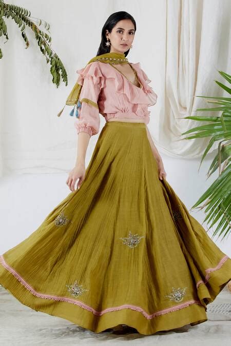 Buy Green Chanderi V Neck Ruffle Blouse And Lehenga Set For Women by ...