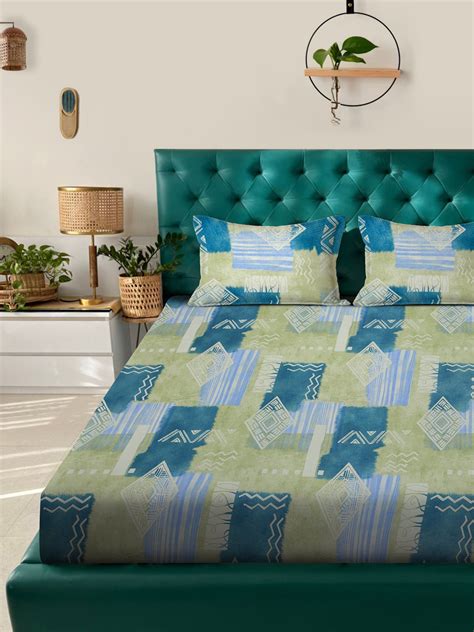 Klotthe Green Geometric 400 TC Pure Cotton Double Bedsheet with 2 Pill ...