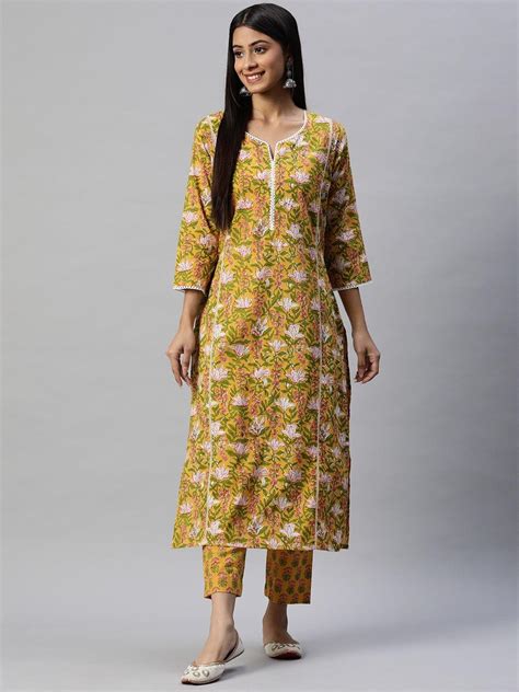 Divena Yellow Floral Printed Straight Kurta Pant Sets – divena world