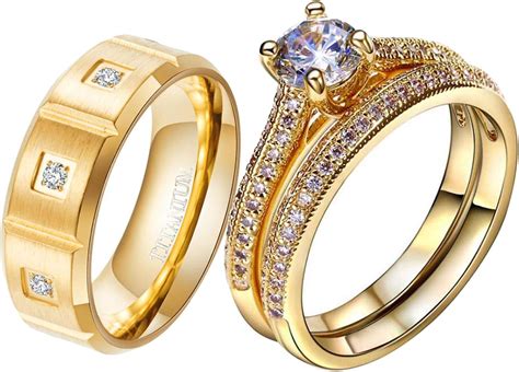 Buy 2 Rings Couple Rings Bridal Sets Yellow Gold Filled Heart Cz Womens ...
