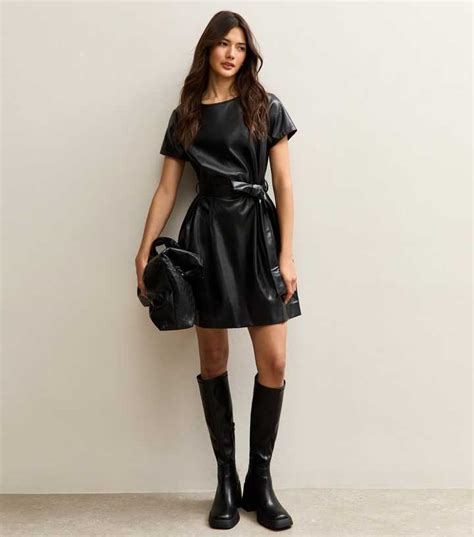 Black Faux Leather Belted Mini Dress | New Look
