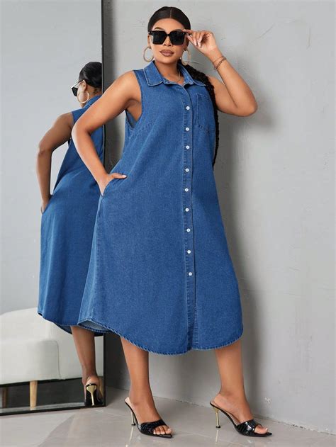 Plus Size Women'S Sleeveless Long Denim Dress | Long denim dress ...