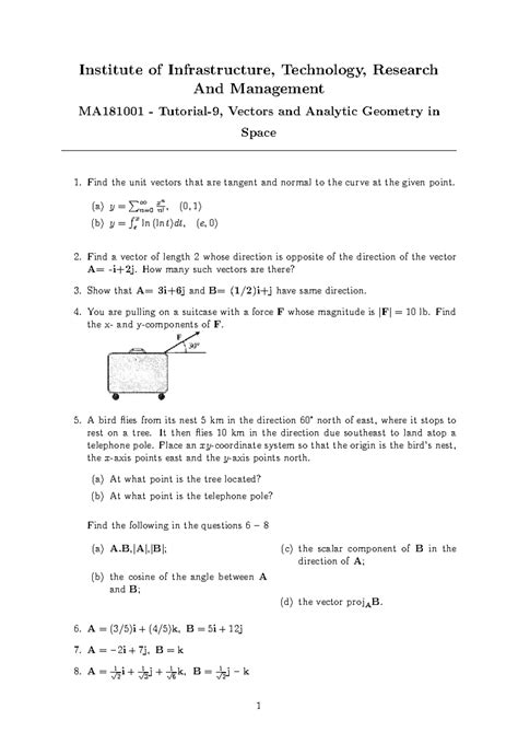 MA181001 Integral Calculus Tutorial Sheet 9: Vectors & Geometry - Studocu