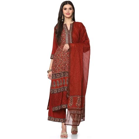 BIBA WOMEN PRINTED STRAIGHT SALWAR KURTA DUPATTA(SKD5794_RUST_32 ...
