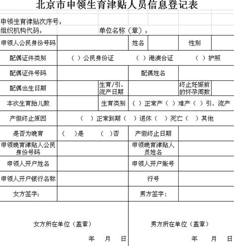 北京市申领生育津贴人员信息登记表-生育保险知识-金投保险-金投网