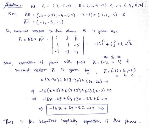 [Solved] . An implicit equation for the plane passing through the ...