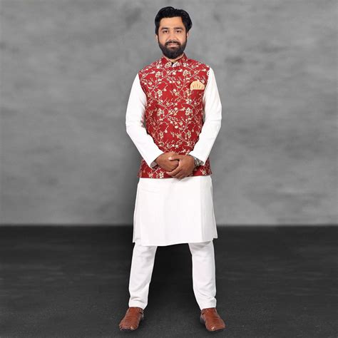 Blooming White - Red Colored Festive Wear Cotton Men's Kurta Pyjama Set ...