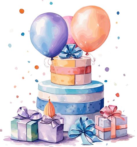 Watercolor illustration of happy birthday cake gift balloons and ...
