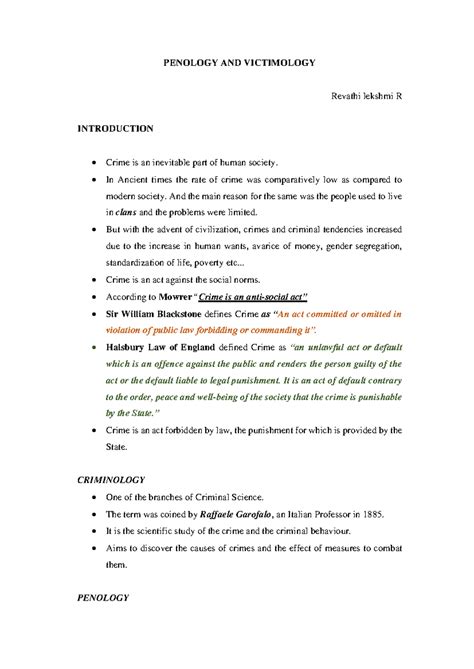 P&V Notes - oxfordoxford - PENOLOGY AND VICTIMOLOGY Revathi lekshmi R ...
