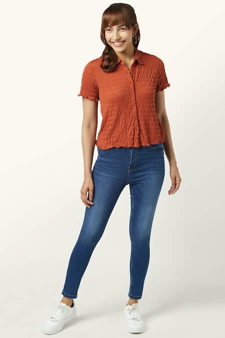 Rust Solid Casual Half Sleeves Shirt Collar Women Regular Fit Tops ...