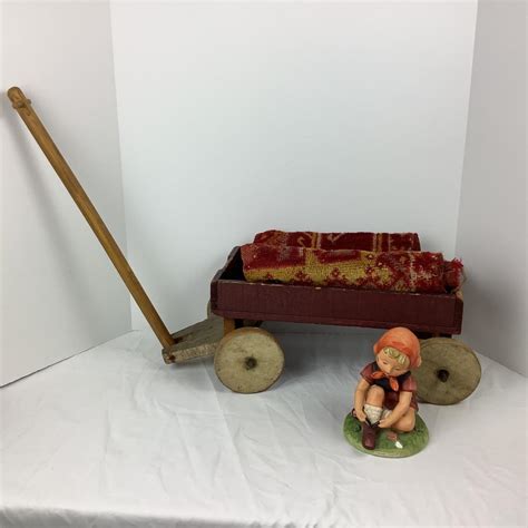 Lot # 1010 Small Vintage Wooden Wagon & Vintage Porcelain Girl by Designed by Erich Stauffer ...